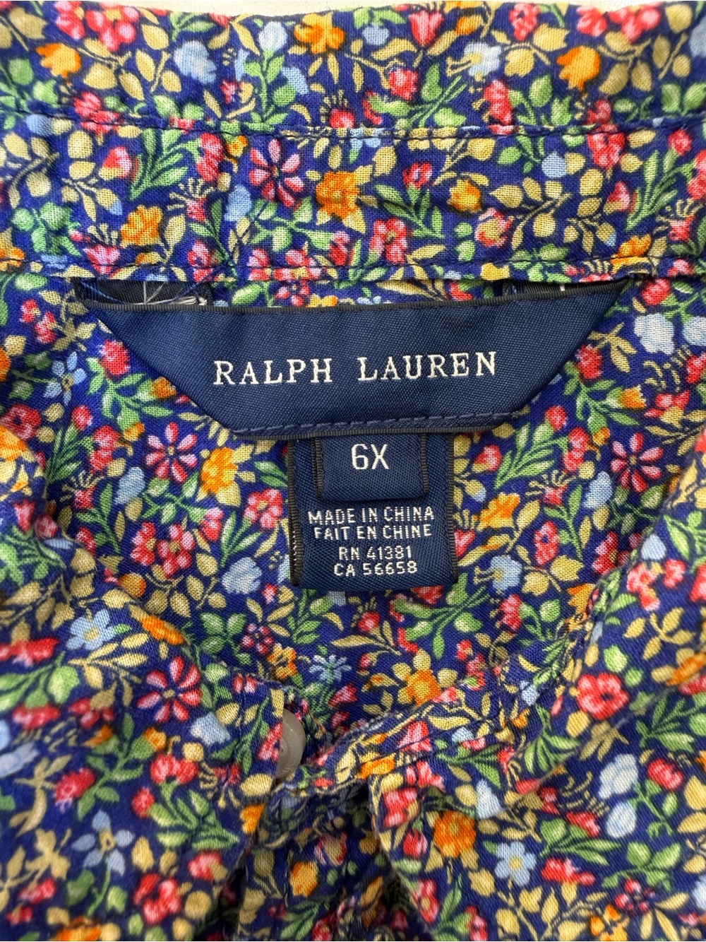 Ralph Lauren  Girls 6X Floral Ruffle Button Down 100% Cotton Navy Cottagecore